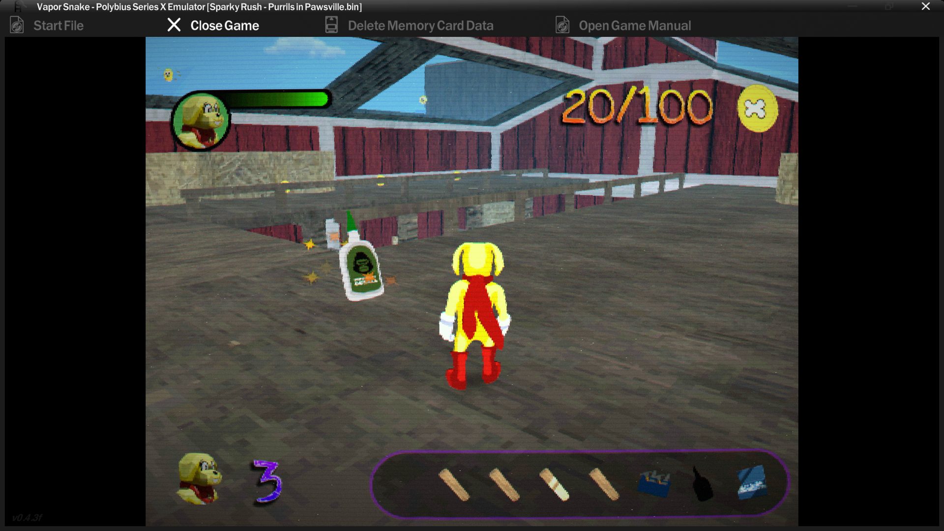 Sparky collects an item inside a wooden barn; the HUD shows the coin counter.