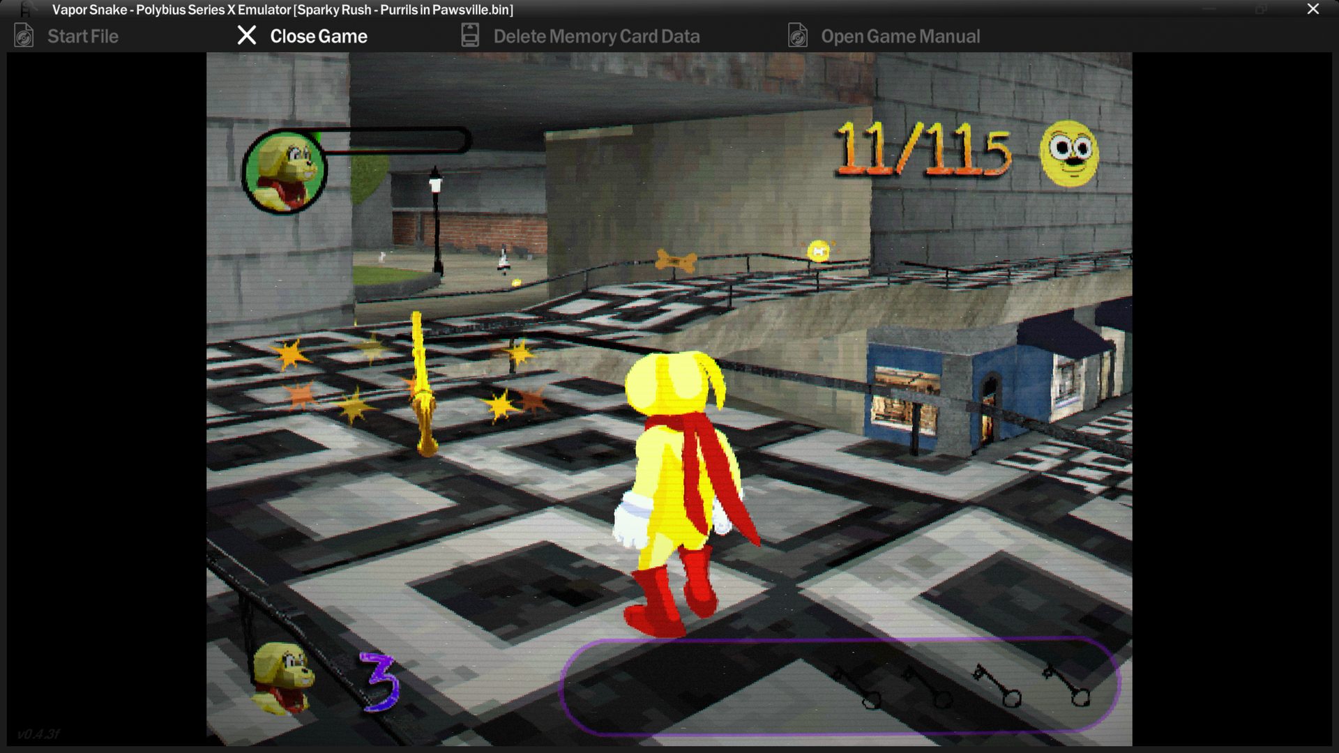 Sparky runs through a checkered courtyard near buildings, with collected keys shown in the HUD.