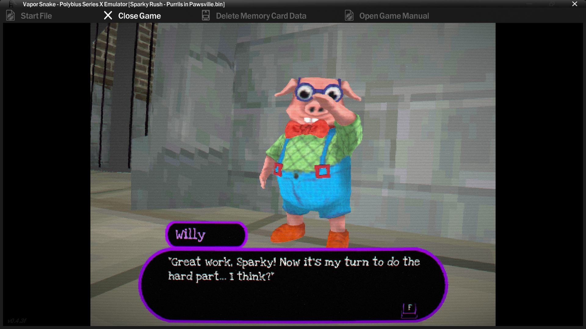Dialogue scene with Willy, a bespectacled pig character.