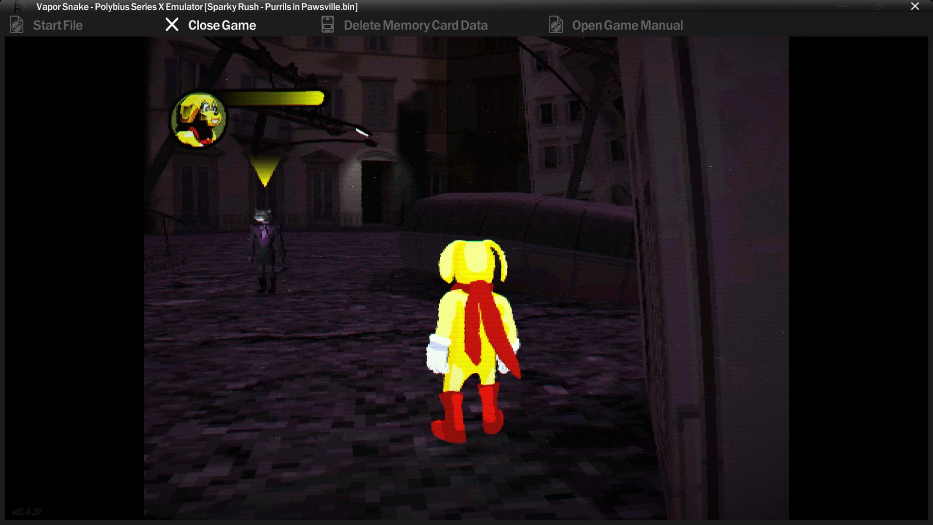 Sparky watches a shadowy figure in the distance down a dark alley at night.