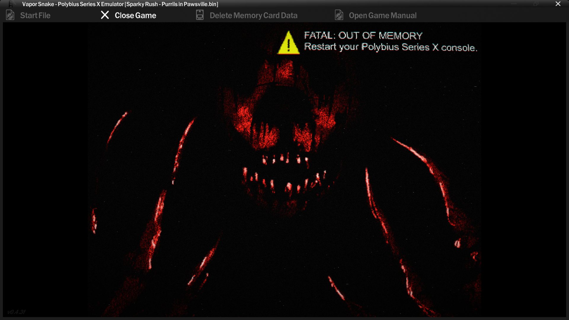 Glitched error screen showing a monstrous red face and the message 'FATAL: OUT OF MEMORY'.